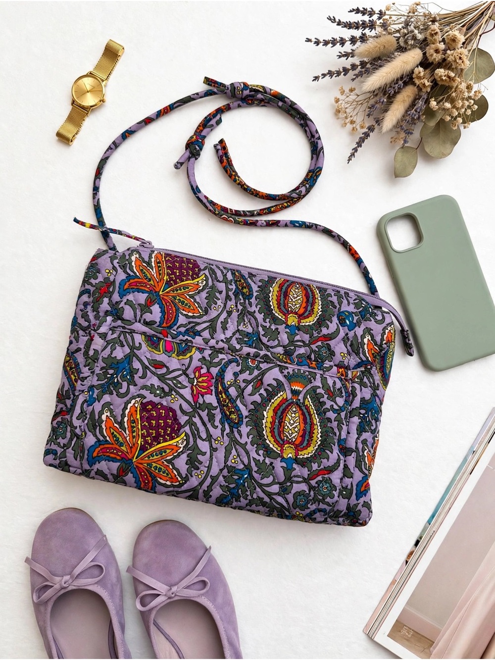 Vera Bradley Lavender Quilted Crossbody with Multicolor Floral Print